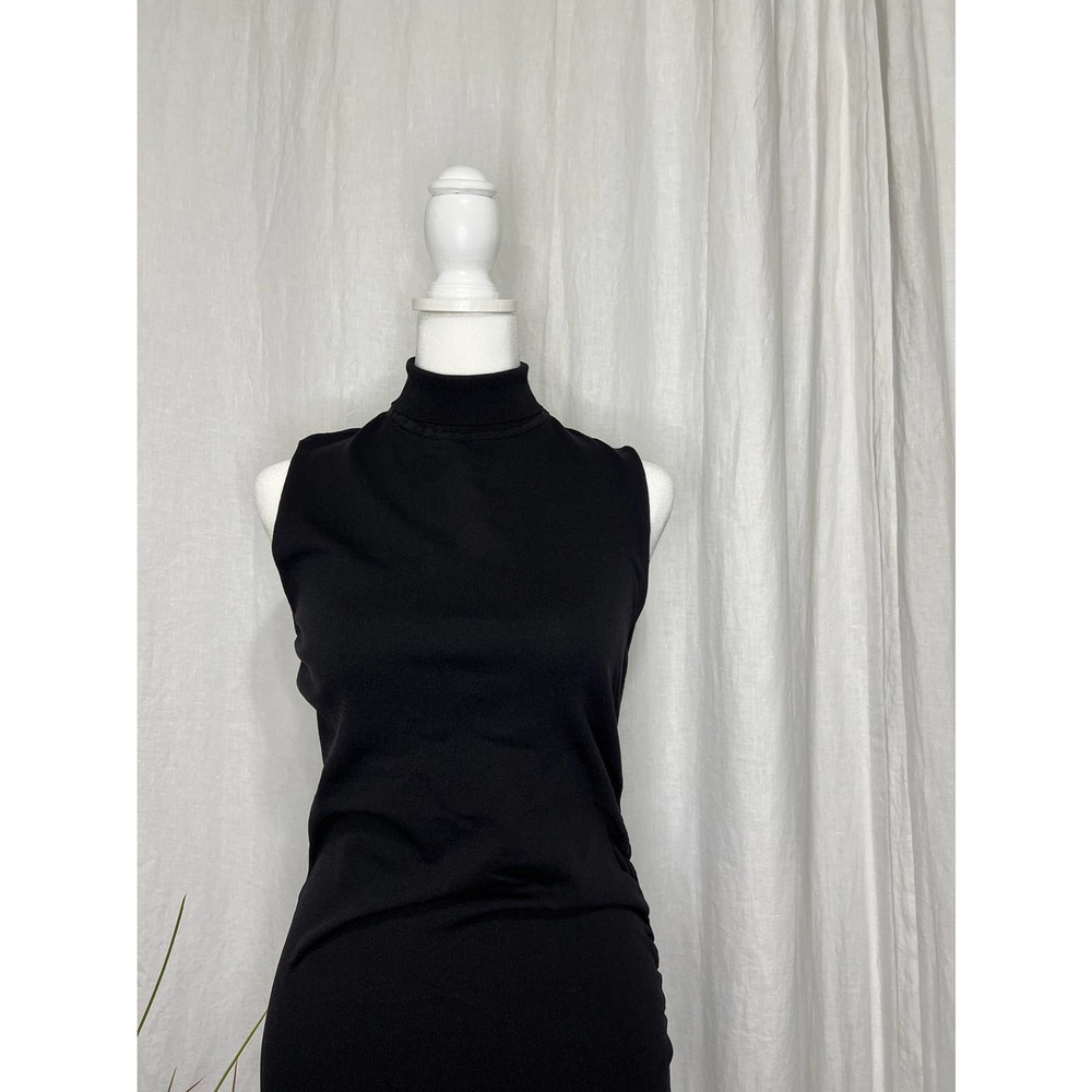 ZARA Casual Turtle Neck Sleeveless Black Midi Dress Ruched Side Viscose Fabric